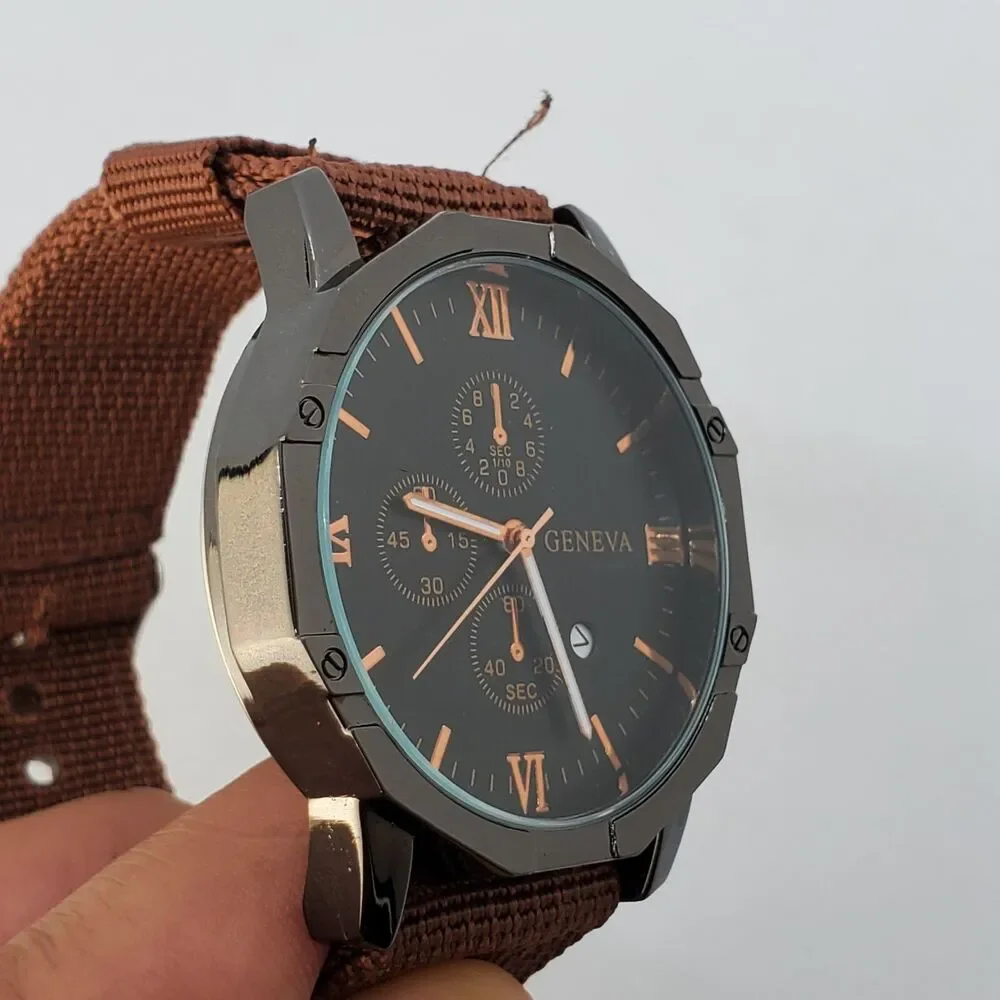 Men's Watch 42MM Black Dial Black Case Brown Canvas Band‎ Straps Date Indicator